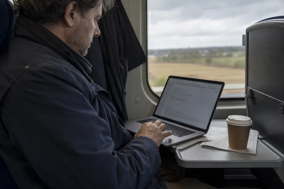 Founder on a train reading an email reply on a laptop on the fold-down tray