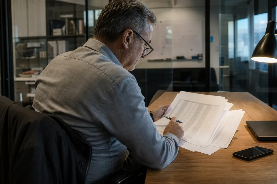 Sales manager in a glass meeting room reviewing a printed weekly pipeline report with a pen