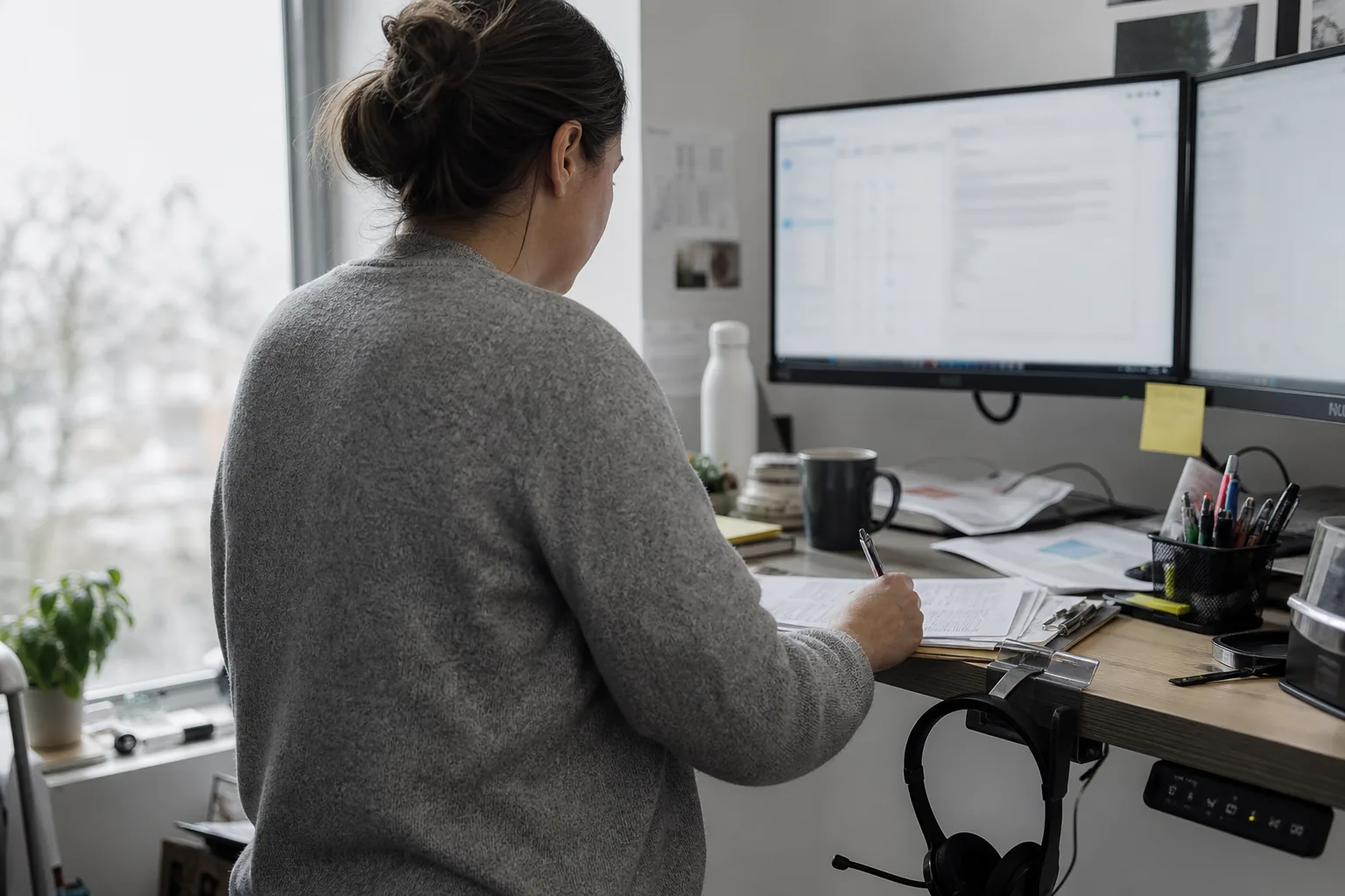 Sales rep standing at a desk marking a printed prospect list with a pen, email draft window out of focus on a monitor