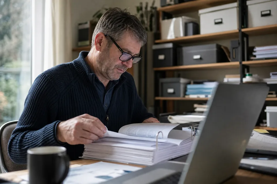 Researcher flipping through a binder of company registry extracts