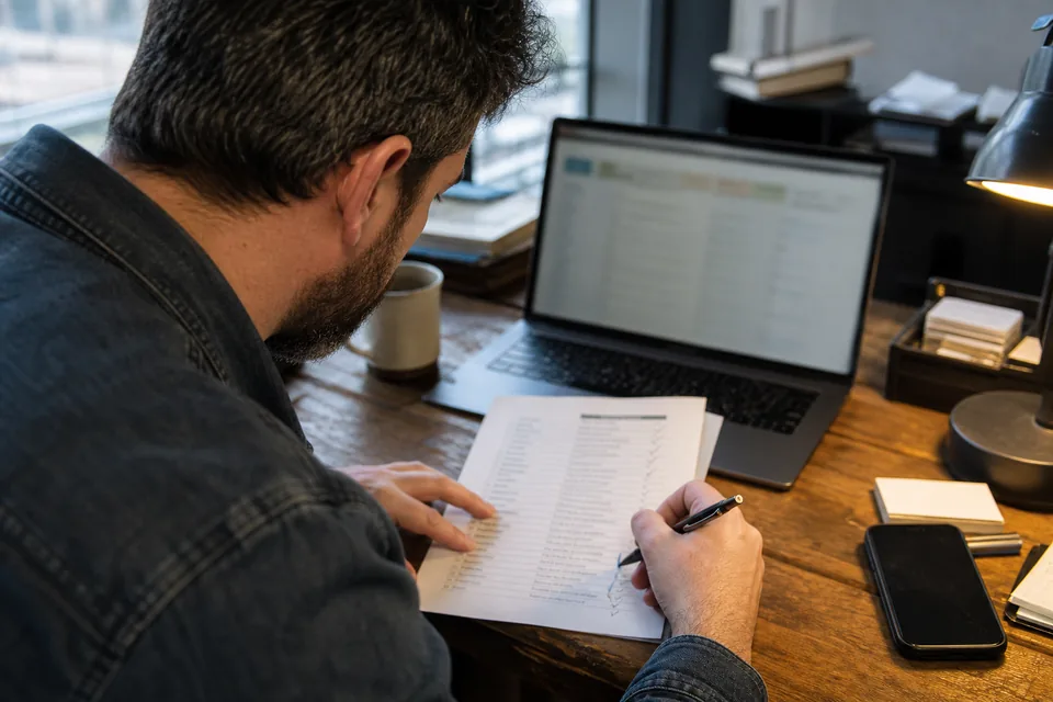 Hands ticking off company names on a printed list next to a laptop
