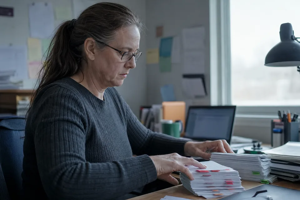 Analyst sorting printed contact cards into valid and invalid piles